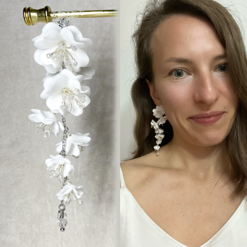 Białe kolczyki ślubne z boho kwiatami, biżuteria ślubna panny młodej, kwiatowa biżuteria ślubna.png